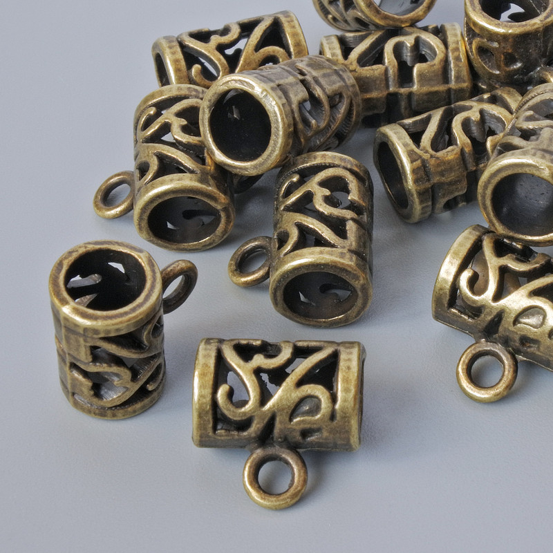 Furnitură bail – suport bronz, diametru 11×7,5 mm, diametrul orificiului 2,1 mm, lungime 11 mm, set 14 bucăți, culoare bronz a metalului