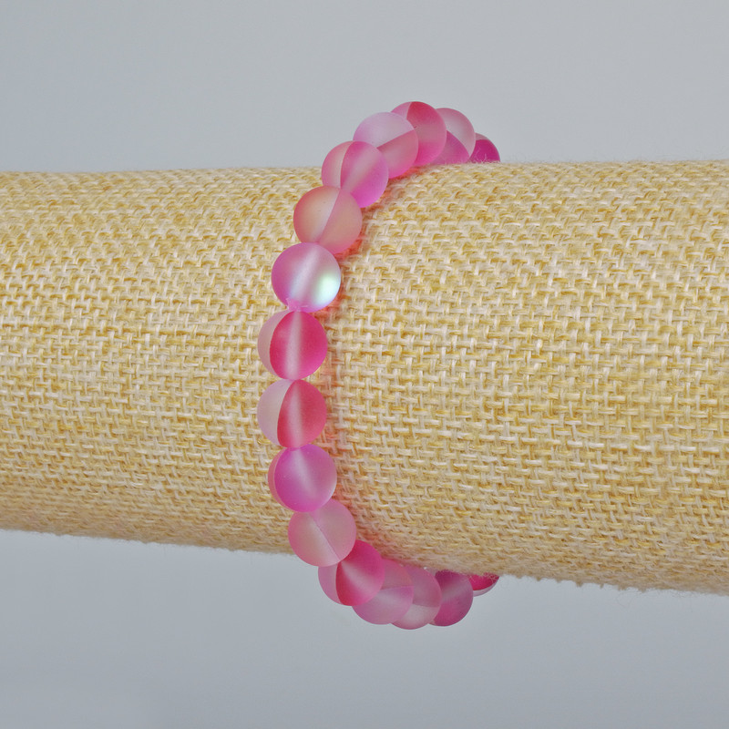 Brățară din sticlă opală, mărgele netede, culoare roz-mat camaleon, diametrul 8 mm ±, lungime 18 cm ± (elastic)