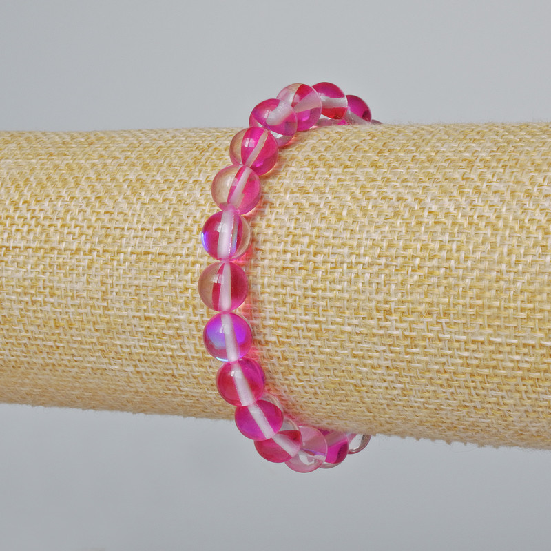 Brățară din sticlă opală, mărgele netede, culoare zmeură transparent camaleon, diametrul 8 mm, lungimea 18 cm (elastic)