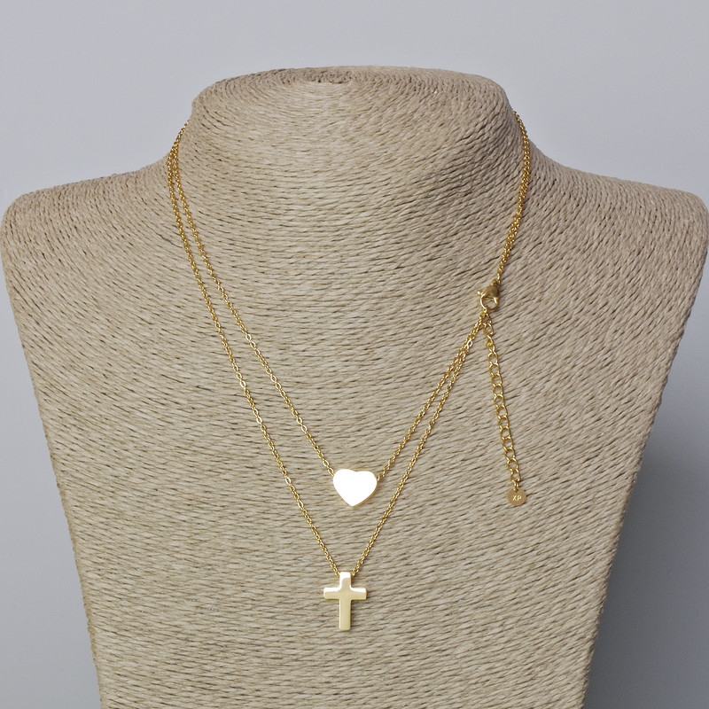 Lanț Xuping cu placare cu aur galben, grosime 1,4 mm, cu pandantiv «Inimă și Cruce», diametrul 10x12 mm, 15x11 mm+-, lungime 39-44 cm+
