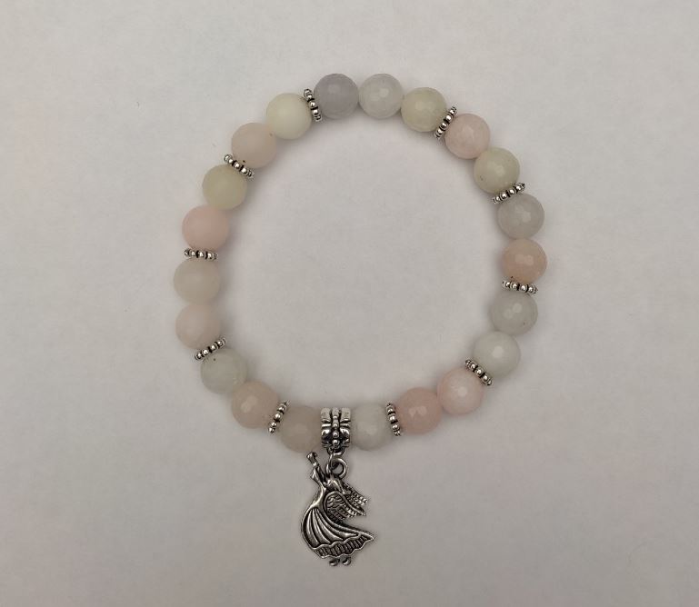 Brățară din morganit, mărgele tăiate, diametrul 8 mm +/- (elastic), lungimea 18 cm +/- cu inserții metalice