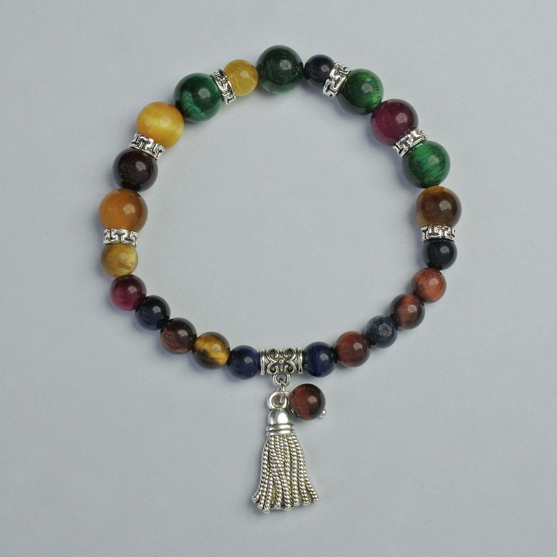 Brățară cu ochi de pisică, sortiment de nuanțe, diametru 6 mm, 8 mm ± (elastic), lungime 18 cm ±, cu inserții metalice