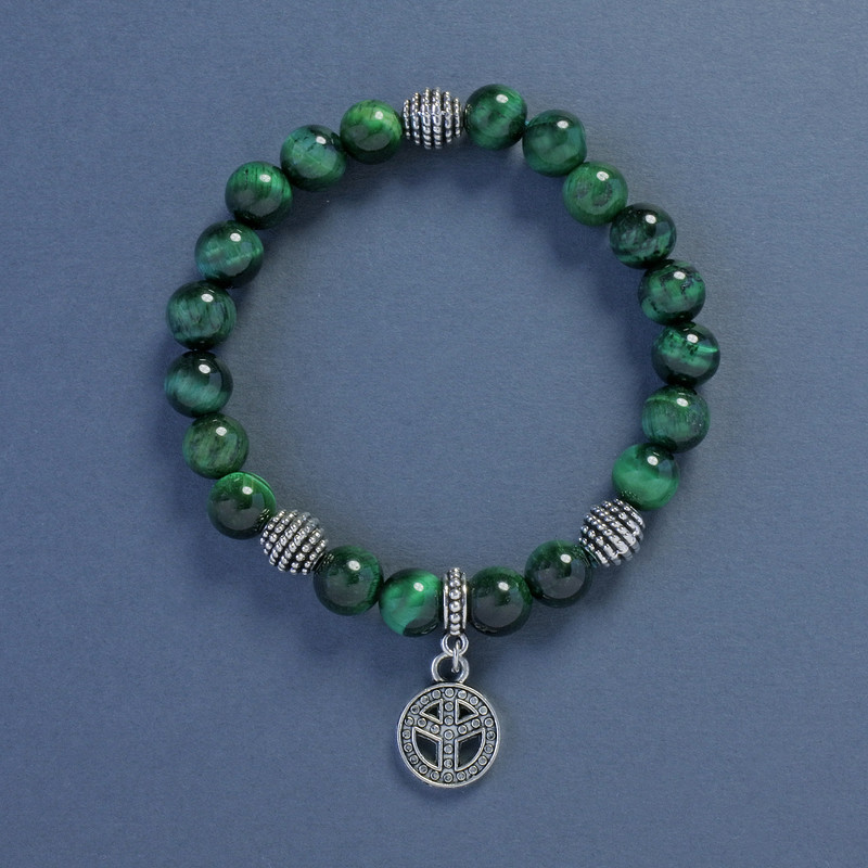 Brățară Ochi de Pisică cu mărgele netede, diametru 8 mm, lungime 18 cm, elastică, cu pandantiv «pace»