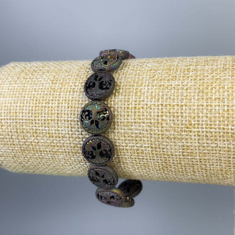 Brățară din hematit și lemn, multicoloră, diametru 12x4 mm, lungime 18 cm, elastică