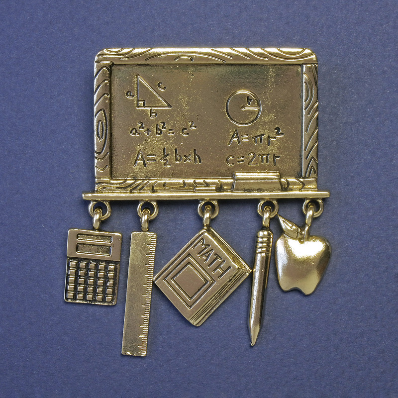 Broșă – Tablă matematică cu pandante, 60×45 mm, metal auriu