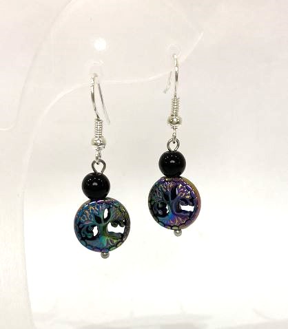 Cercei din hematit, monedă de 12×4 mm, agat – bilă netedă de 6 mm, lungime aproximativă 38 mm