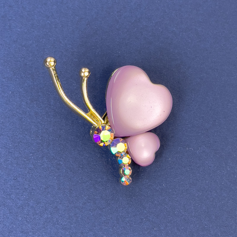 Broșă Fluture, diametru 34x21 mm, ± Ochiul pisicii mov, strasuri, metal auriu