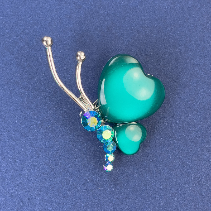 Broșă Fluture, diametrul 34×21 mm, verde intens, ochi de pisică, strasuri, metal argintiu