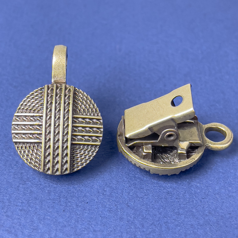 Broșă-clips pentru cardigan, culoare metal bronz, diametrul aproximativ 20 mm, lungimea aproximativă 52 mm