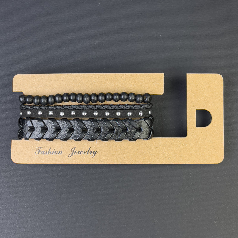 Brățară triplă din piele ecologică neagră, reglabilă prin strângere, lungime 18-24 cm