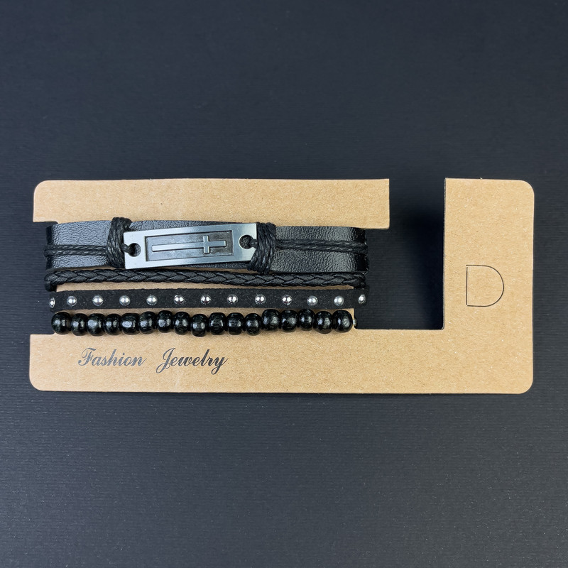 Brățară triplă din piele ecologică, inserție cu cruce la închidere reglabilă, lungime 18–24 cm, neagră