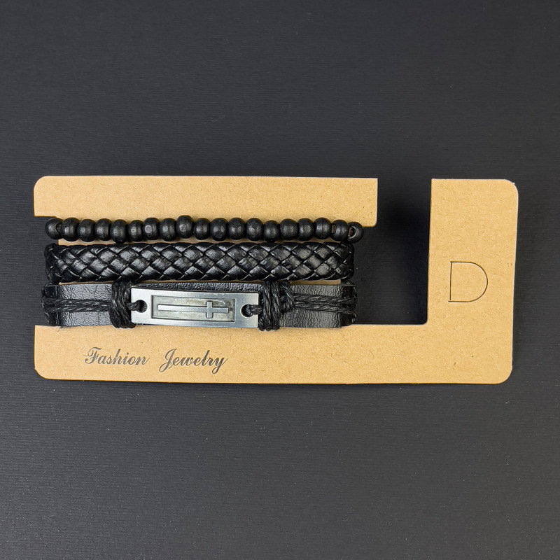 Brățară triplă din piele ecologică, insertie în formă de cruce la închidere, lungime 18-24 cm, negru