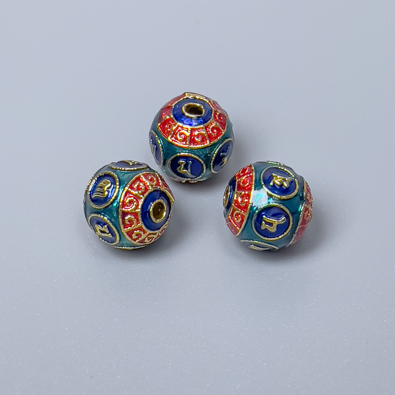 Mărgele Cloisonné roșii, turcoaz și albastre, email, diametru 8 mm, gaură 1,5 mm, culoare metal auriu, 1 bucată