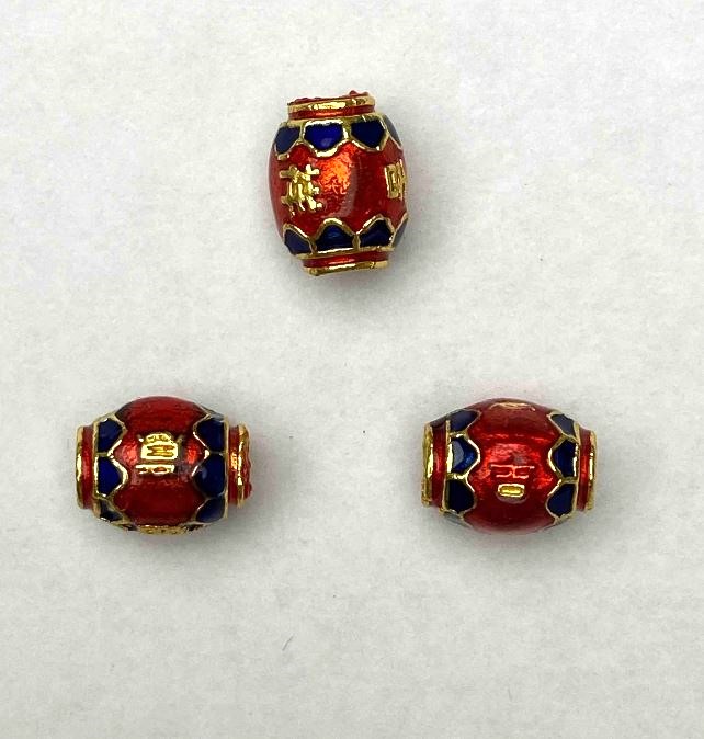 Mărge Cloisonné baril roșu-albastru, 8×10 mm, gaură de 1,8 mm, culoare metal auriu, 1 bucată
