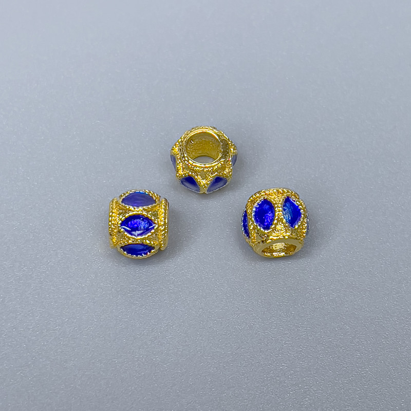Mărga Cloisonné cu email albastru, diametrul 6×7 mm, gaură de aproximativ 3,5 mm, culoare metal auriu, 1 bucată