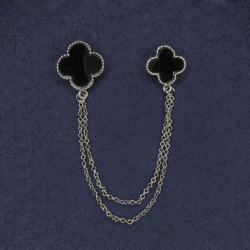 Broșă pentru cardigane, email negru, diametru 22 mm +/-, diametru 18 mm +/-, lanț argintiu, lungime 12 cm +/-