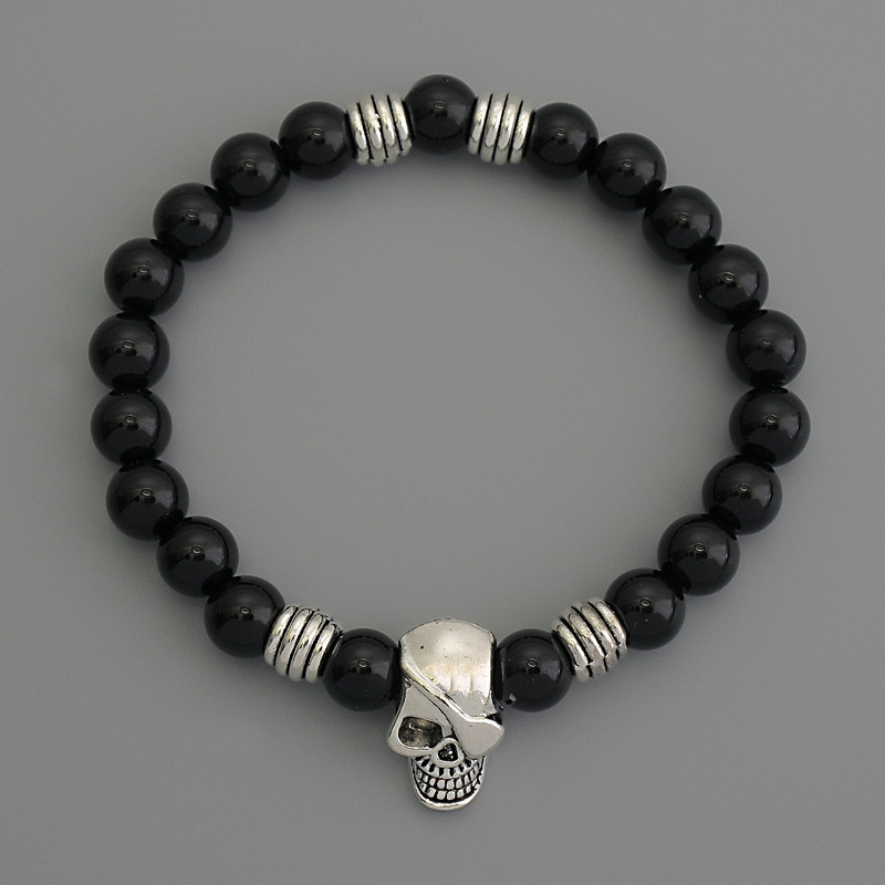 Brățară din agat (mărgele presate), diametrul de aproximativ 10 mm, cu inserții metalice, lungime 18 cm, elastic