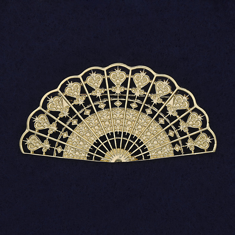 Broșă evantai din metal auriu, 62×32 mm+