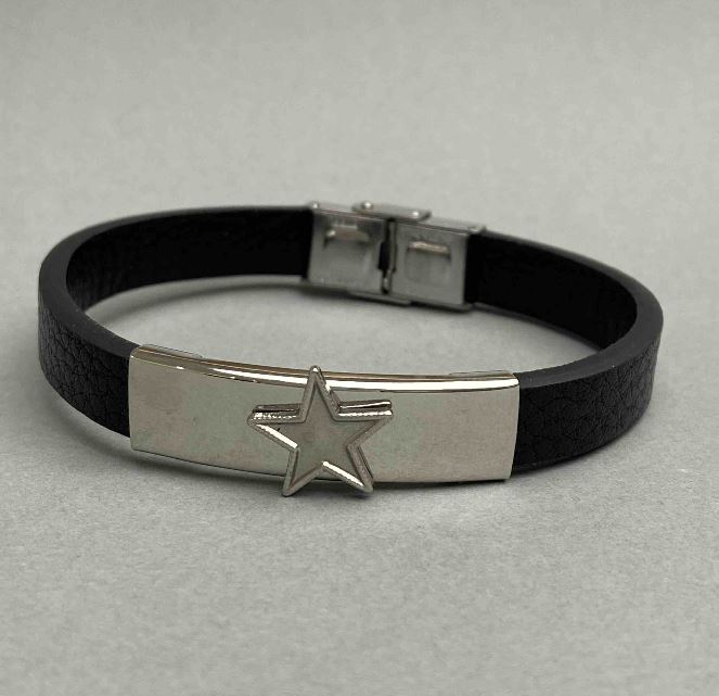 Brățară neagră pentru bărbați, cu închidere, inserții metalice, lungime 21 cm+