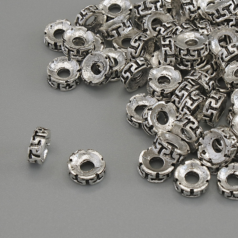 Furnitură mărgea-inserție, culoare metal argintiu, diametrul 6×2 mm, gaură de aproximativ 2,3 mm, ambalaj de 20 g (~77 buc.)