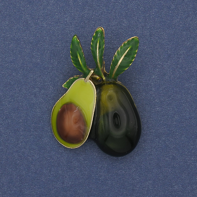 Broșă-pendentă Avocado, email colorat, metal auriu, 39×27 mm