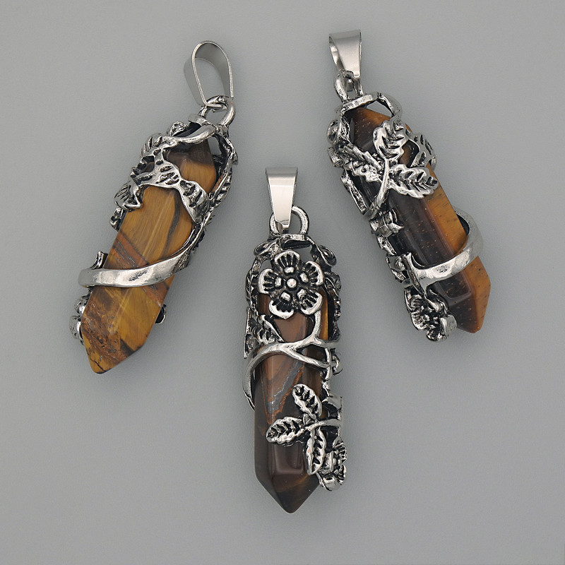 Pandantiv din ochi de tigru hexagonal cu floare, 35x15 mm, lungime 44 mm