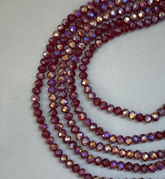 Намистини Чеський Кришталь на волосіні червоний прозорий з бензиновим напиленням гранований рондель, діаметр 8х6мм + -, довжина 40см +