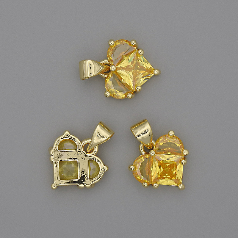 Pandantiv Inimă cu cristale galbene 12×12 mm, lungime 17 mm, metal auriu