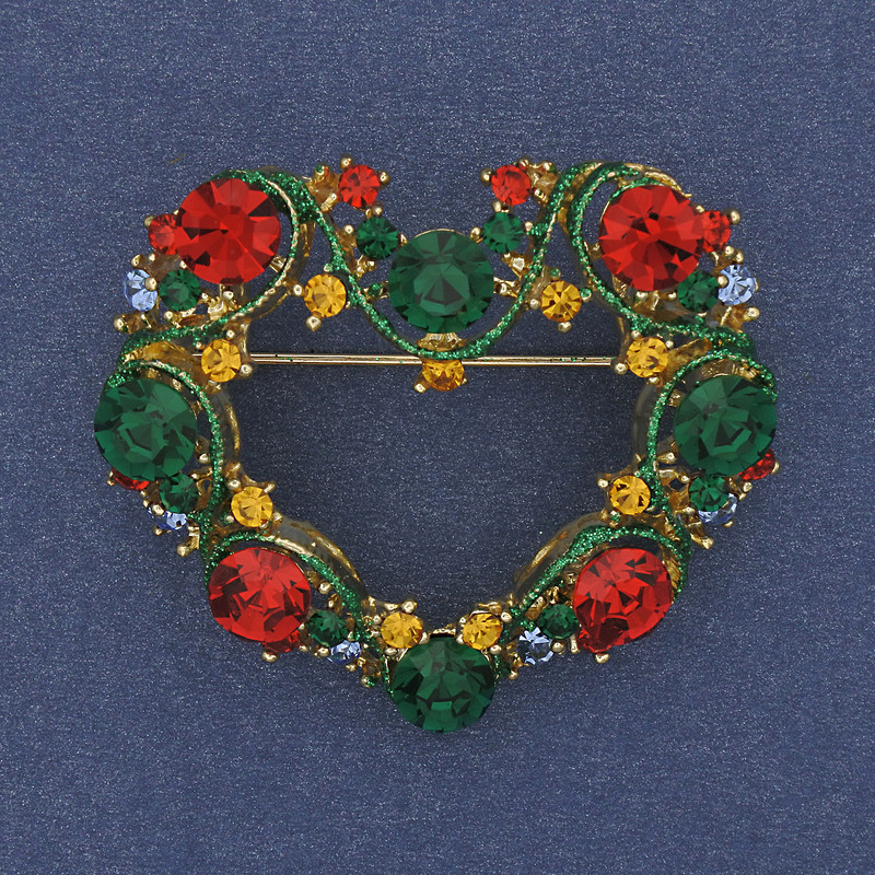 Broșă-pandantiv Inimă emailată cu strasuri, metal auriu, 40x35mm+