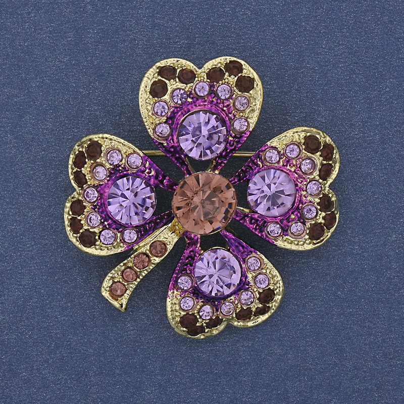 Broșă-colier trifoi cu cristale mov, metal auriu, diametrul de 35 mm +