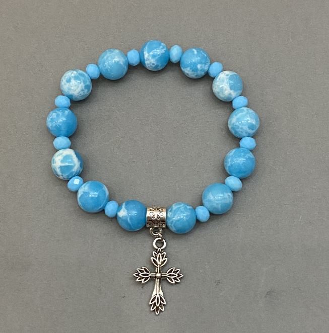 Brățară «Larimar» (mărgele artificiale) – mărgele de 10 mm, sticlă cehă rondel 6×5 mm, cu inserții metalice, lungime 18 mm, pe elastic