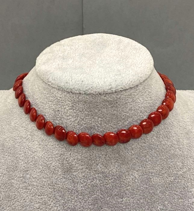 Colier choker Monedă coral, 8,5 mm, lungime 38 cm, lanț prelungitor + 5 cm