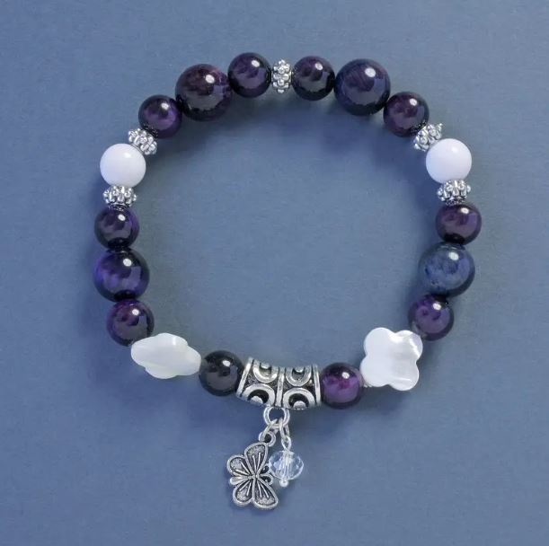 Brățară cu ochi de pisică și agat, mărgele netede, diametru 8–10 mm, lungime 18 cm, pe elastic, cu pandantiv fluture