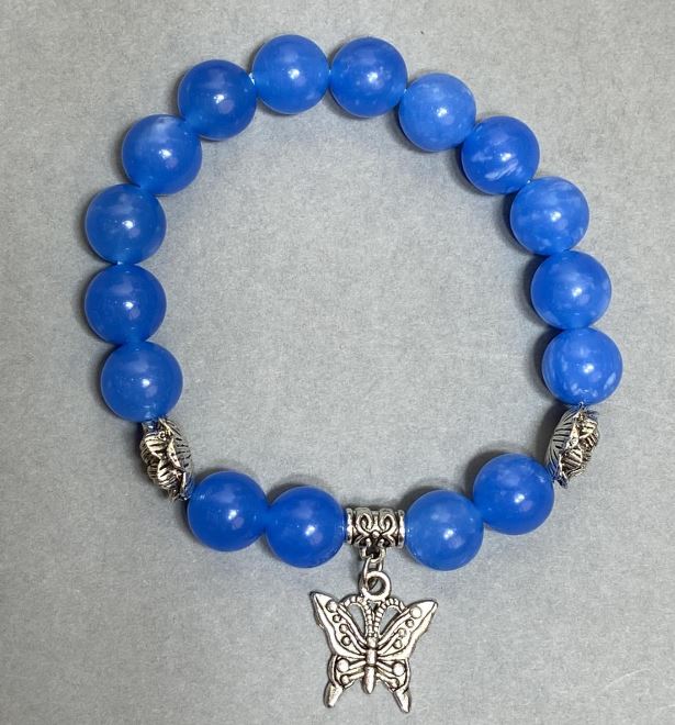 Brățară din acvamarin cu mărgele de 6 mm, inserții metalice, lungime 18 cm, pe elastic