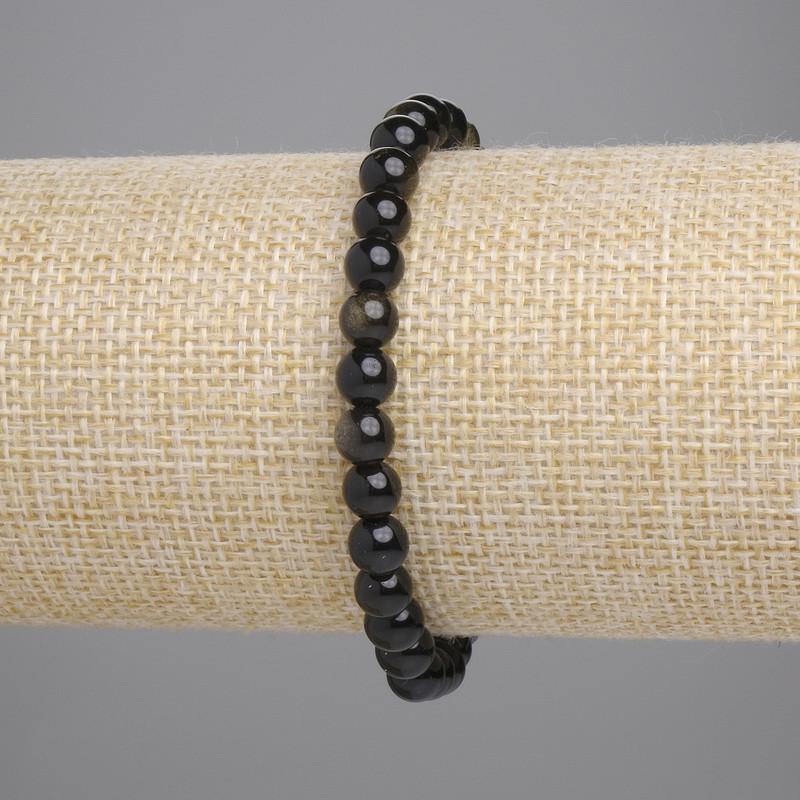 Brățară din obsidian solar, bile lucioase, diametrul de 6 mm, lungime 18 cm, elastică