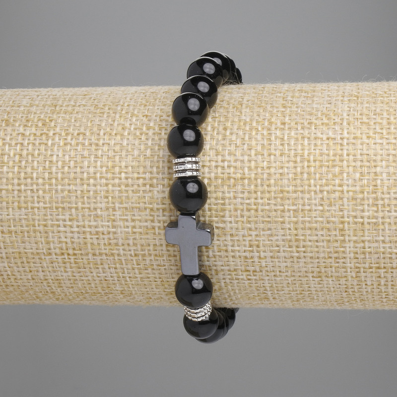 Brățară din agat cu mărgele netede, diametru 8 mm, cruce din hematit 14×10 mm, lungime 18 cm, elastic