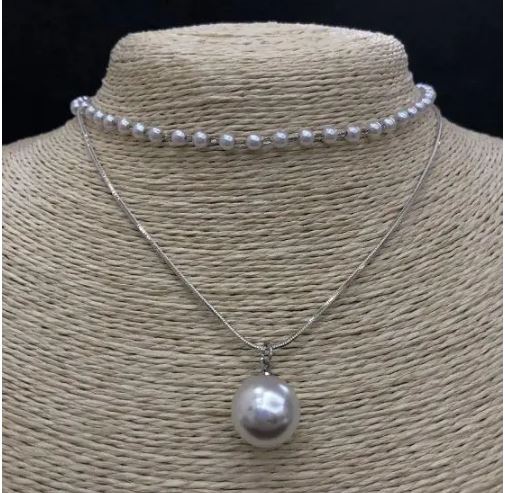 Choker dublu pentru gât «perlat» (acril) mărgea «bilă», diametrul 14 mm, lungimea 32–38 cm, metal gri