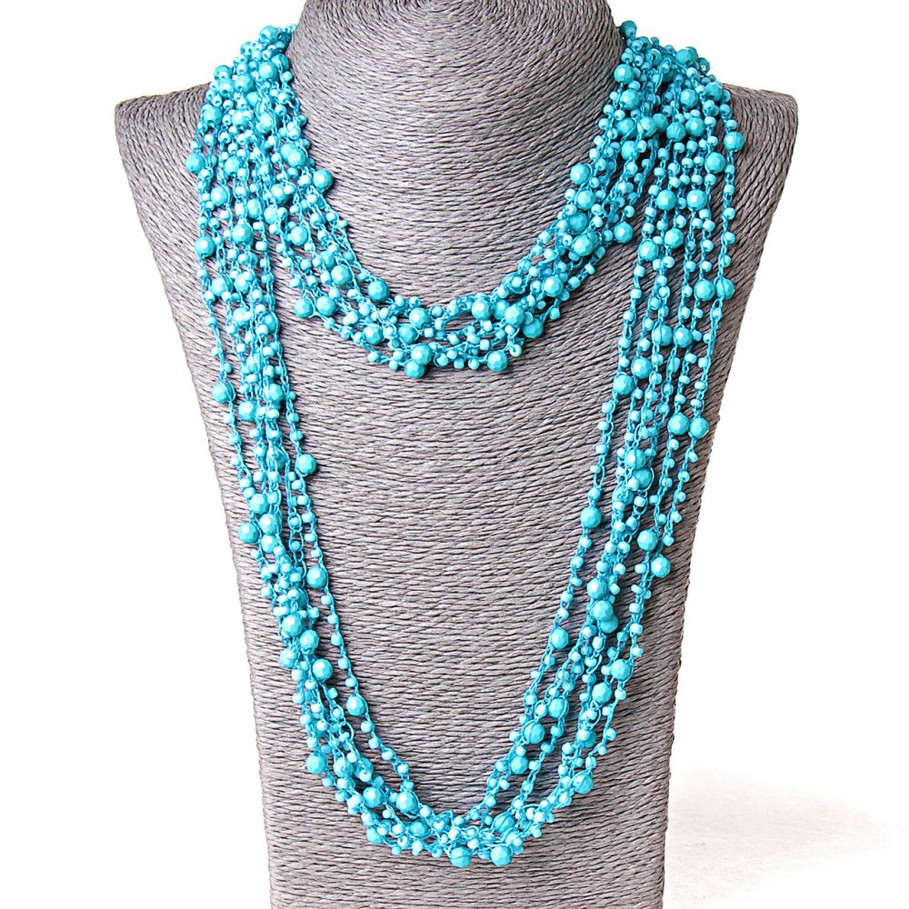 ( 140 cm ) Colier păianjen cu pandante rotunde, albastru deschis