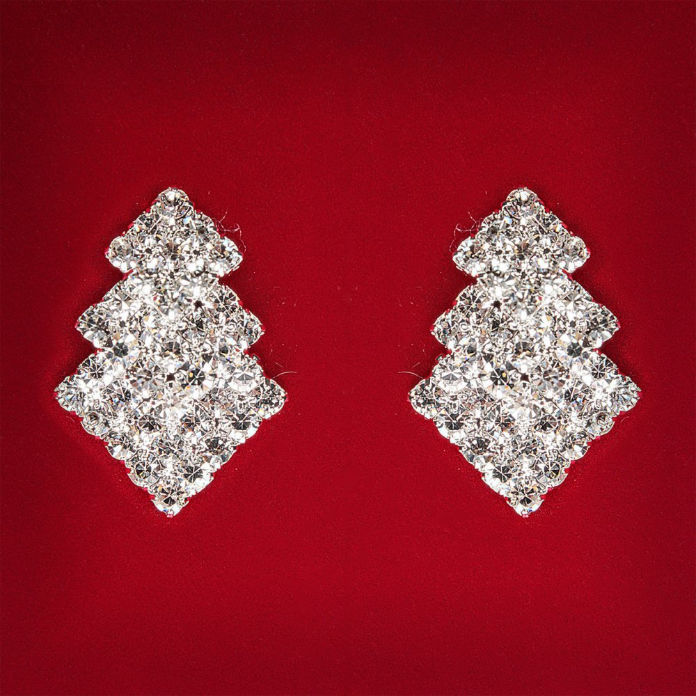 ( 27x18 mm ) Cercei pentru femei, strasuri albe, metal deschis, pentru nuntă și seară, studuri, în formă de brad, mărime medie