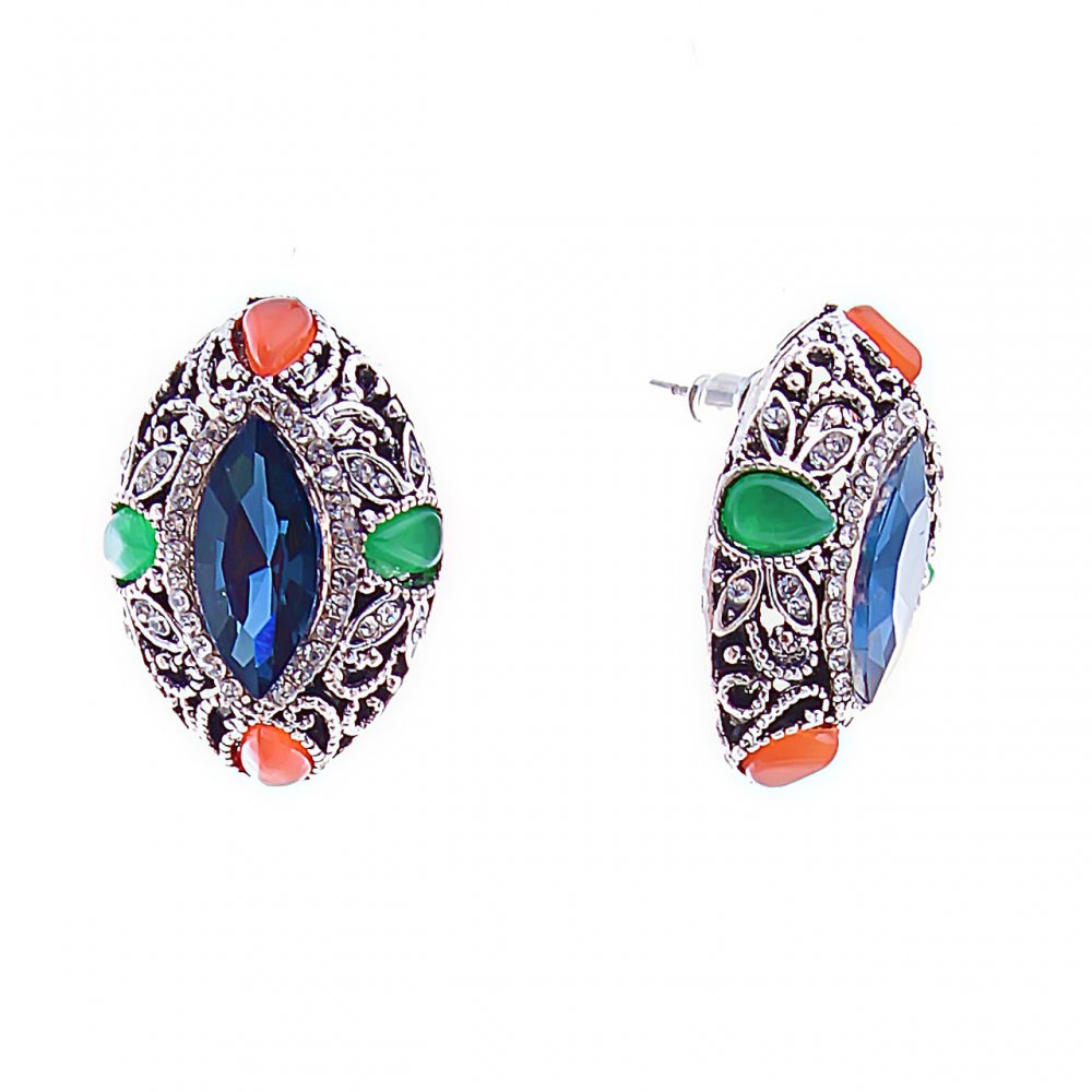 Cercei cu știft cu cristale albastre «Marquise», montură cu strasuri, 26 x 19 mm