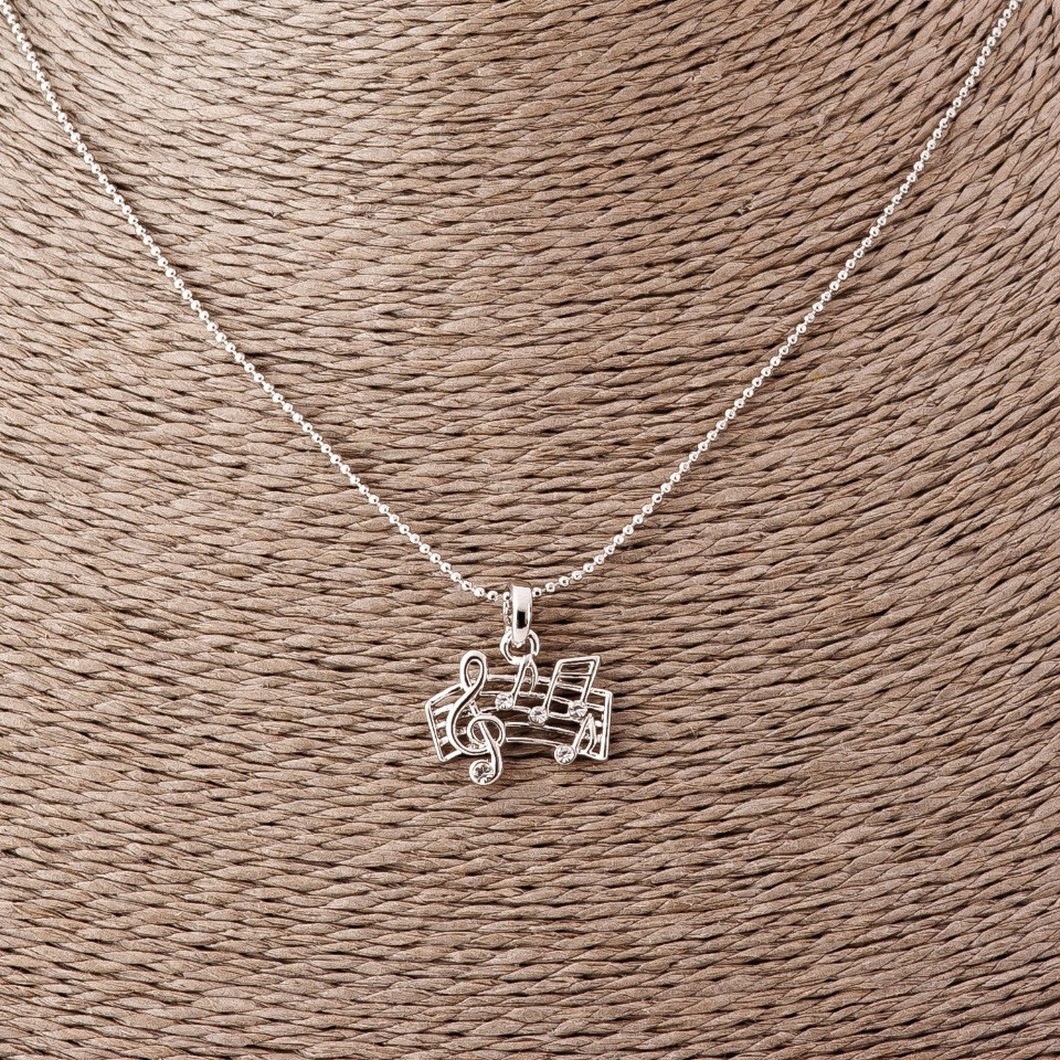 Pandantiv cu portativ muzical pe lanț de tip monedă, lungime 52 cm, diametru 2×1,5 cm, metal argintiu