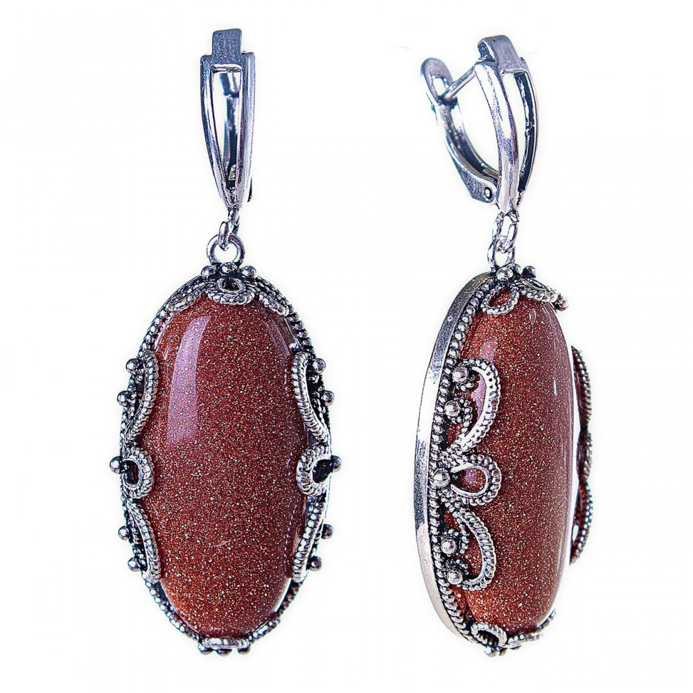 Cercei în reducere din aventurin 'nisip auriu', montură filigranată, piatră ovală 3×1,7 cm, lungime 5 cm