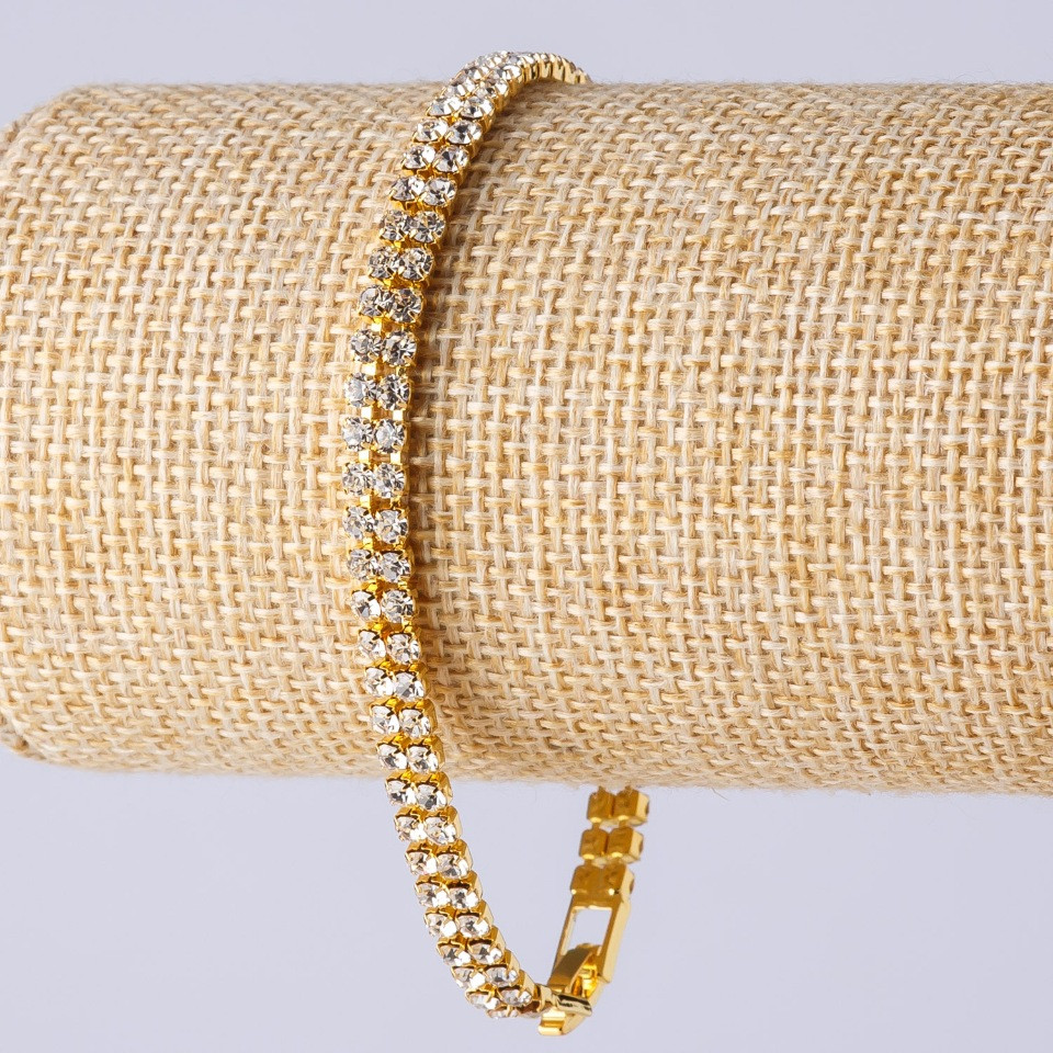 Brățară cu strasuri, închidere cu încuietoare, dublu rând, culoare metalică aurie, lungime 19 cm, lățime 5 mm