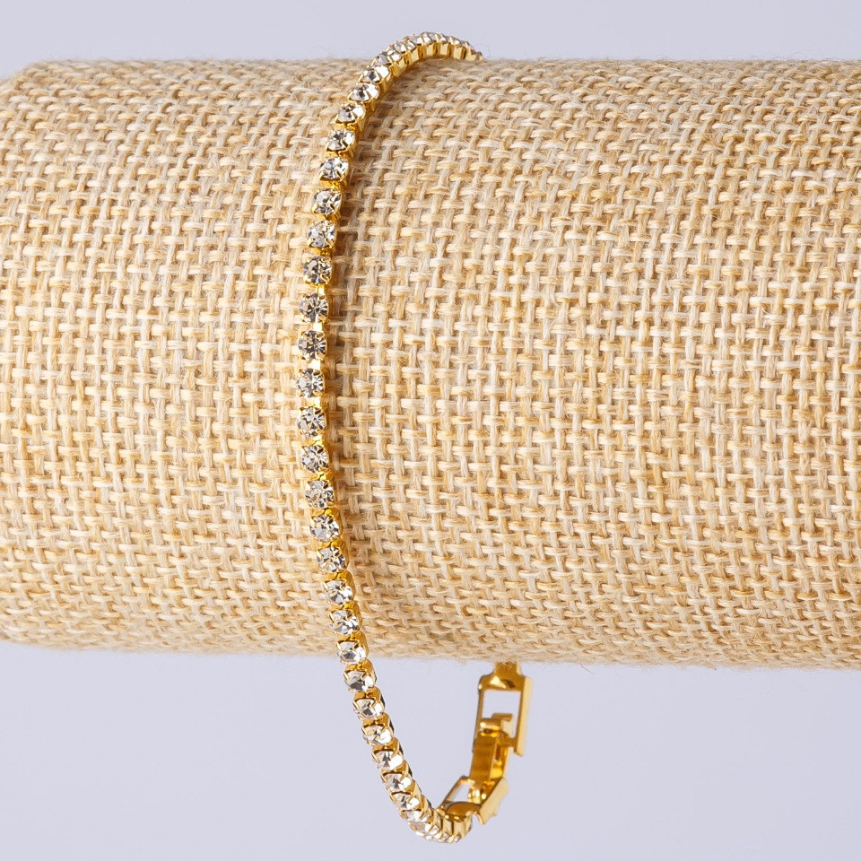 Brățară cu strasuri, într-un singur rând, culoare metalică aurie, lungime 20 cm, lățime 3 mm