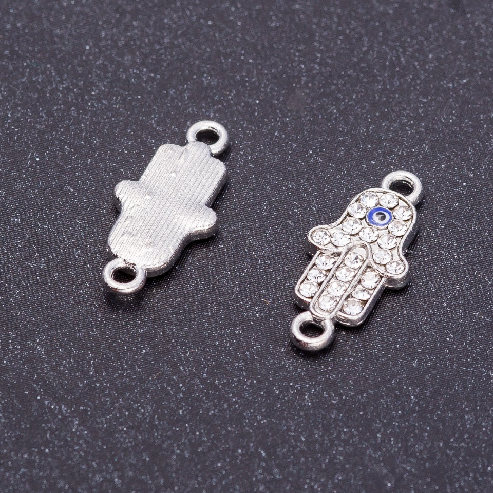 Conector decorativ «Mâna ochilor» cu cristale în nuanță argintie, diametrul 9 mm, gaură Ø 0 mm, fațetare 5 mm, set de 4 bucăți