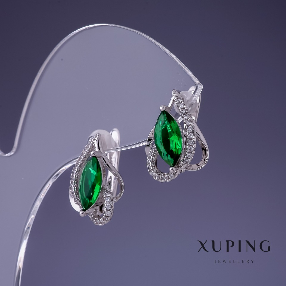 Cercei Xuping cu zircon verde smarald, 12×16 mm, rodiu