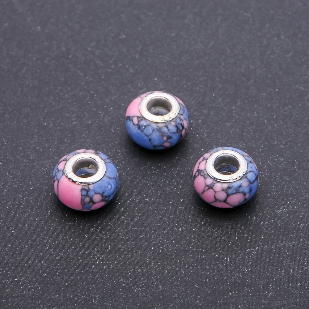 Mărgea Pandora marmuroasă roz-albastră, diametrul 14×9 mm, gaura de 5 mm, ambalaj 4 buc.