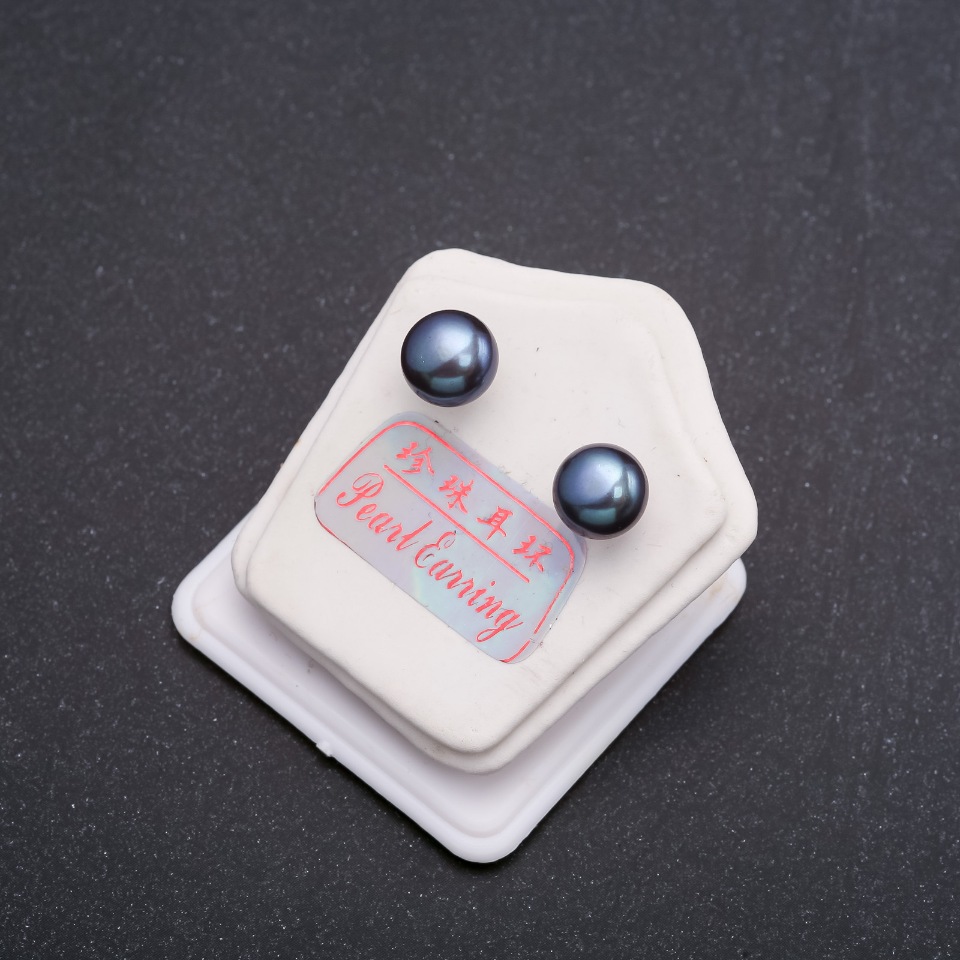 Cercei cu tijă din perle de râu negre, culoare Negru Prinț, diametru 8–9 mm, închizătoare argintie