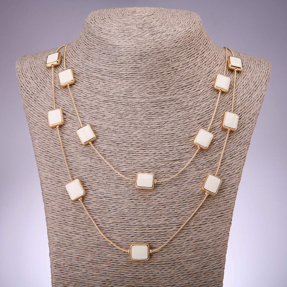 Colier Cascadă cu două rânduri de mărgele „pătrat”, lungime 80 cm, metal galben