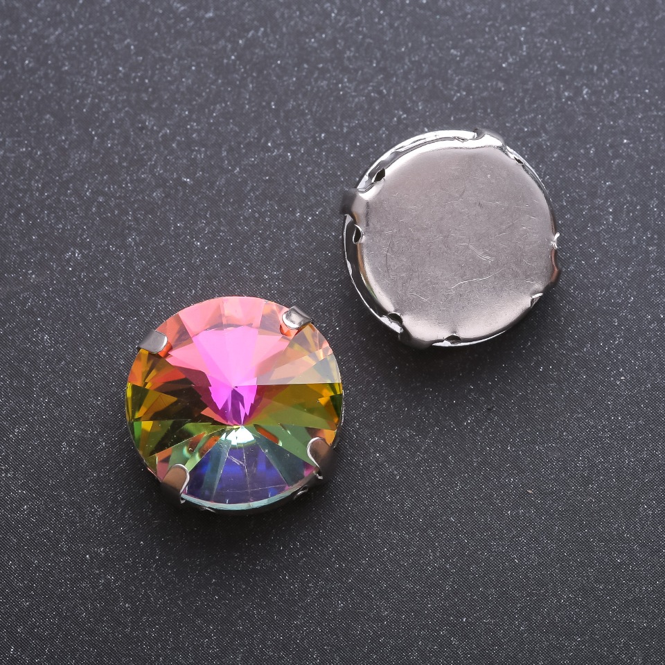 Preț pentru pachet de 10 buc. Cristal Rivoli cusut în montură rotundă 18 mm, verde-galben